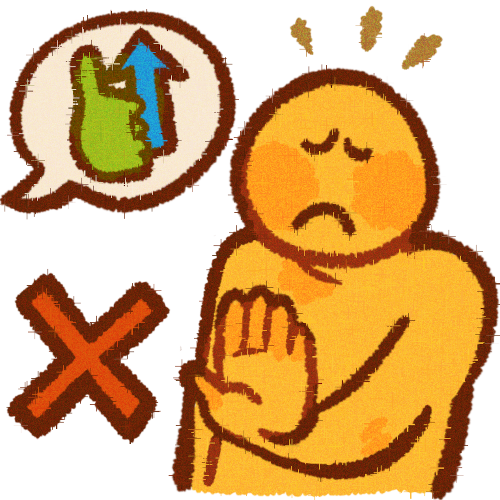   A yellow person holding their hand palm forward infront of them with a red X infront of said hand , a speech bubble coming from a third party with a thumbs up & a blue upwards pointing arrow to indicate criticism .